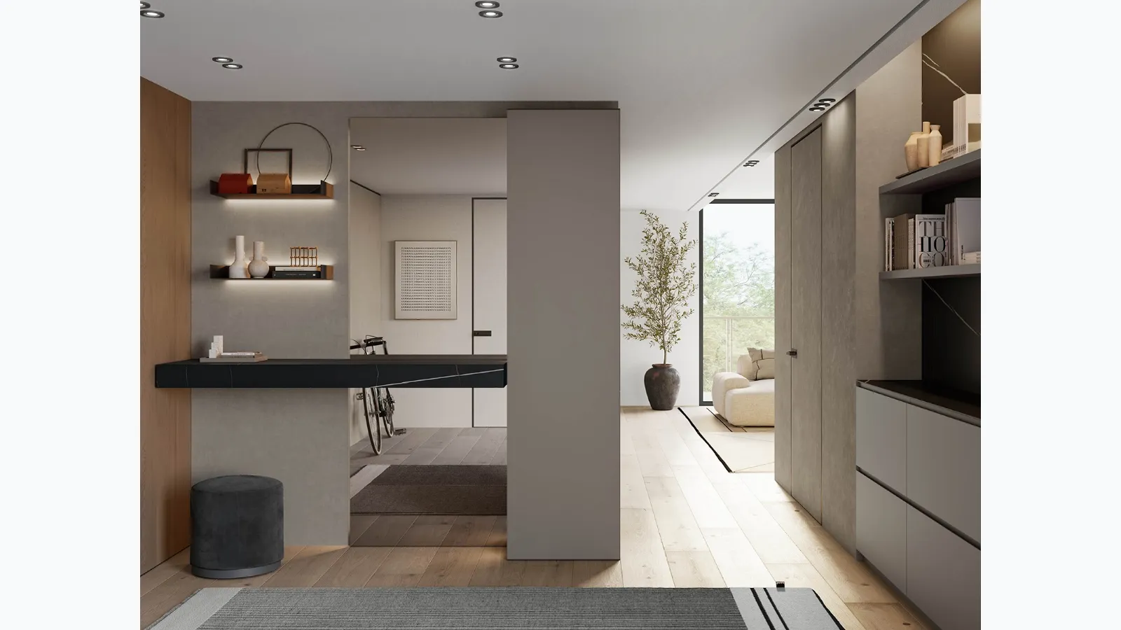 Entrance console Gola Up composition 6 in lacquered finish with Birex stoneware top