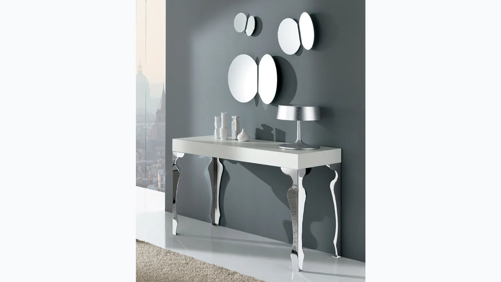 Luxury lacquered wood console table with steel legs by Riflessi.