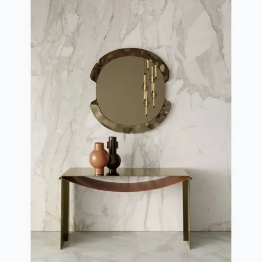 Entrance mobile console Piper in steel with leather shelf by Bontempi.