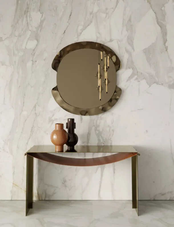 Entrance mobile console Piper in steel with leather shelf by Bontempi.