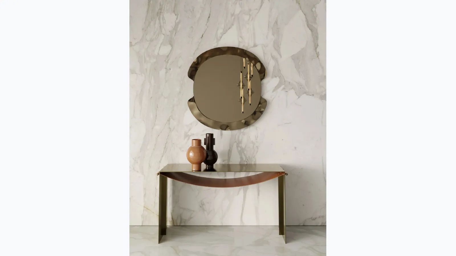 Entrance mobile console Piper in steel with leather shelf by Bontempi.