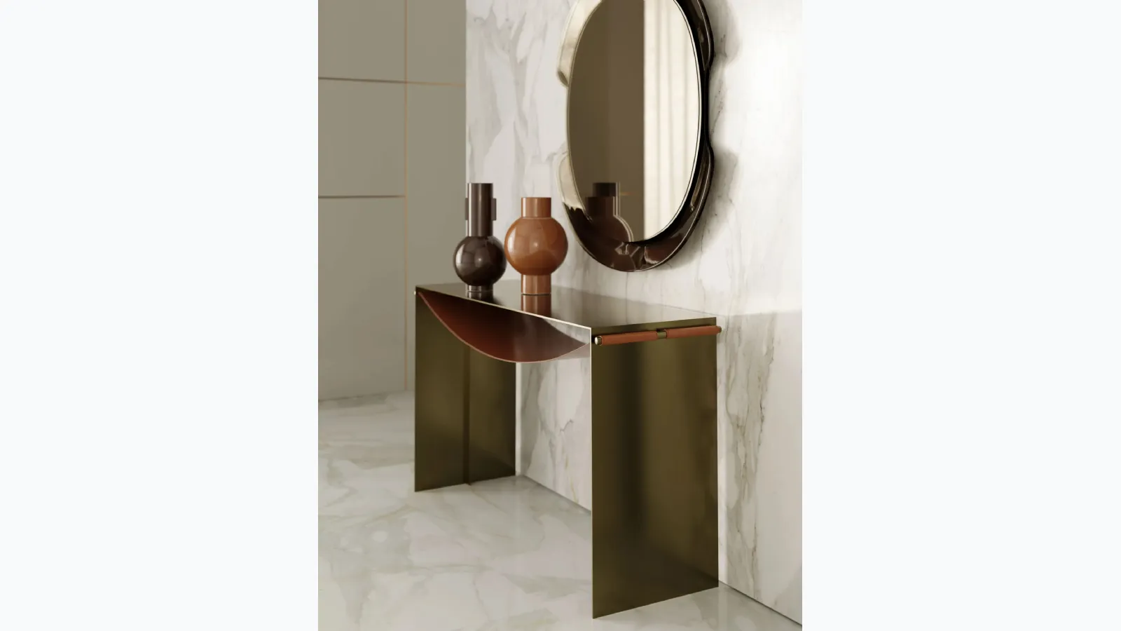 Entrance console table Piper in steel with leather shelf by Bontempi.