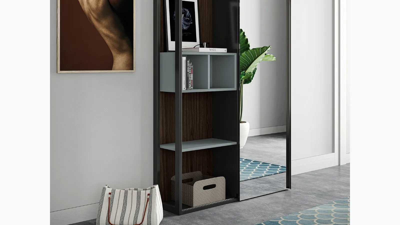Mobile entrance Skap composition 2 with sliding door with mirror and thermotreated oak structure by Birex.