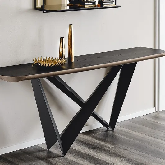 Westin Wood-C console with wooden top and steel base by Cattelan Italia.
