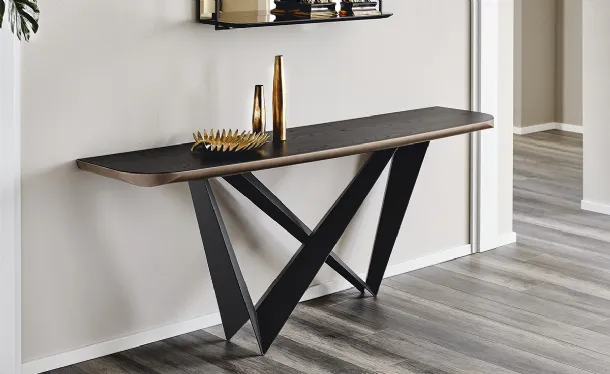 Westin Wood-C console with wooden top and steel base by Cattelan Italia.