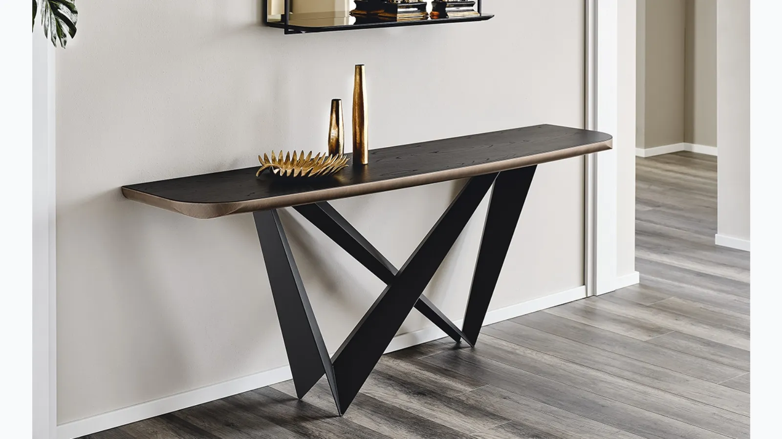 Westin Wood-C console with wooden top and steel base by Cattelan Italia.