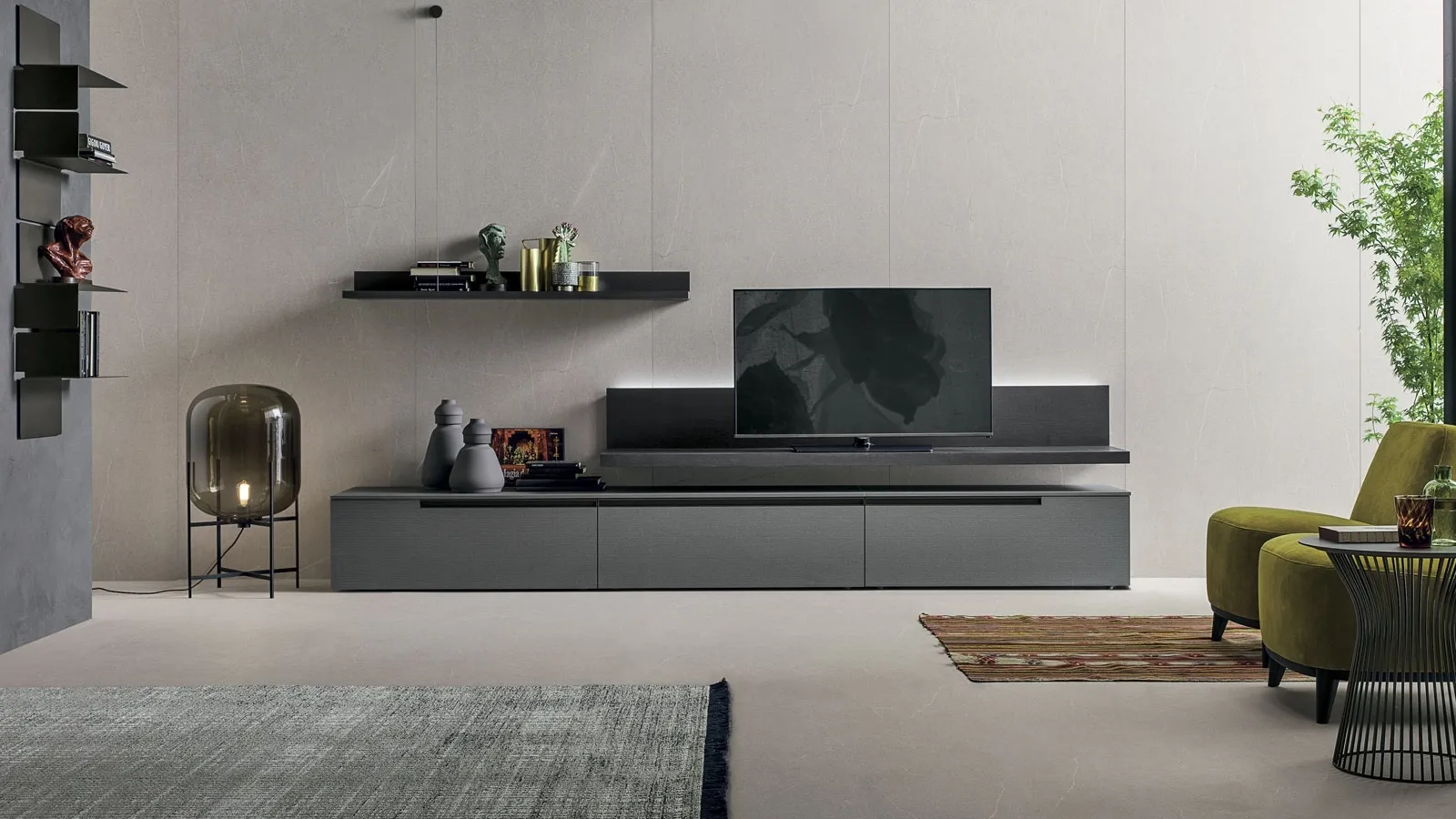 Wall Unit Atlante UNIT AT103 in textured charcoal oak by Tomasella.
