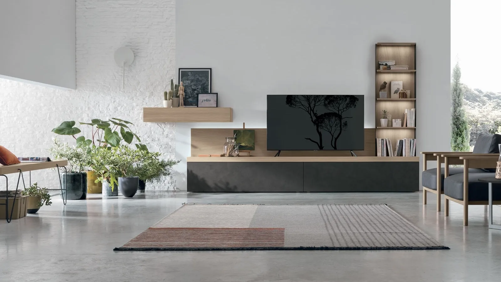 Atlas UNIT AT117 wall unit in sand oak material and dark cement material by Tomasella.