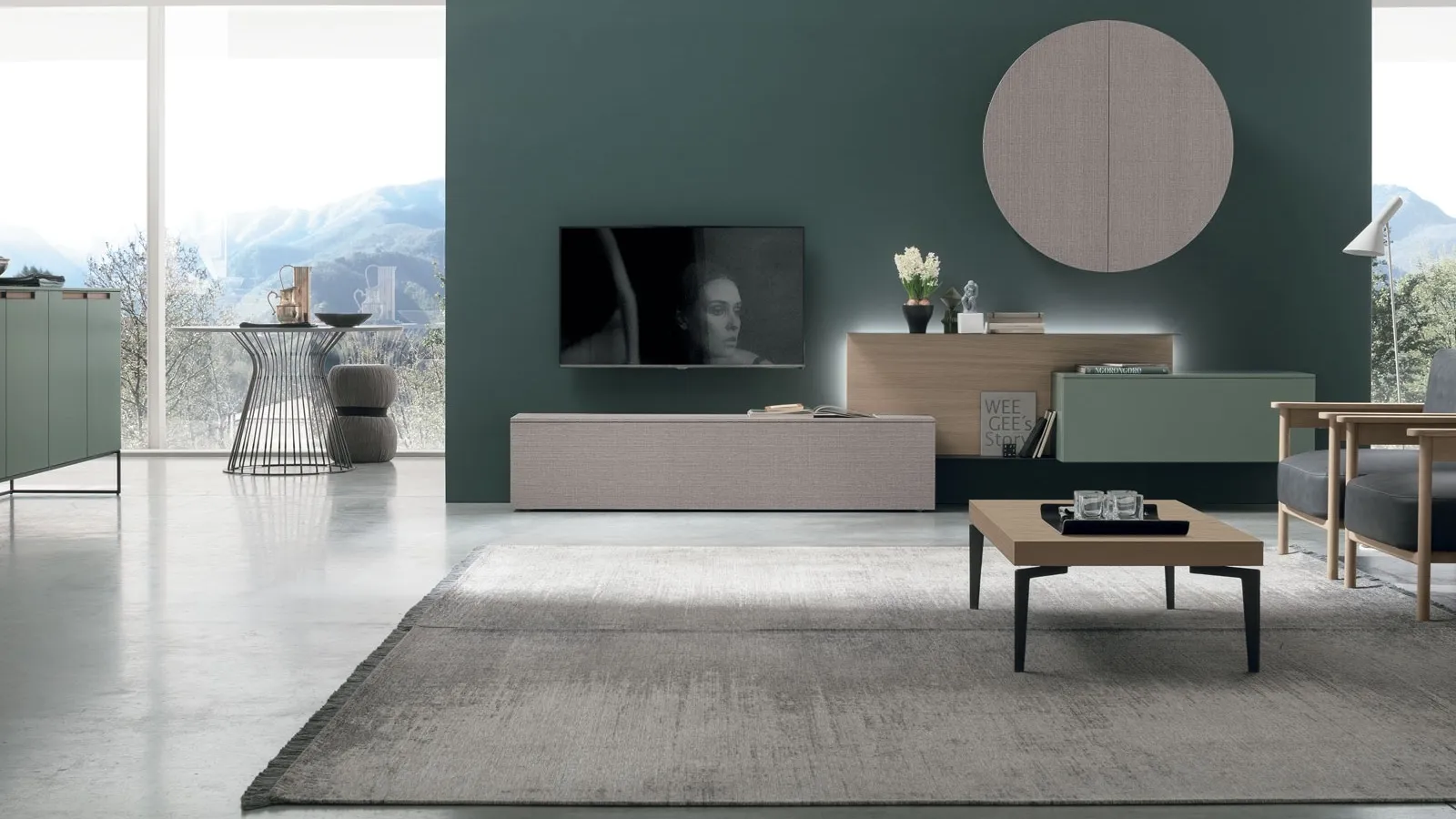 Wall unit Atlante UNIT AT118 in sand oak material and alpaca material by Tomasella.