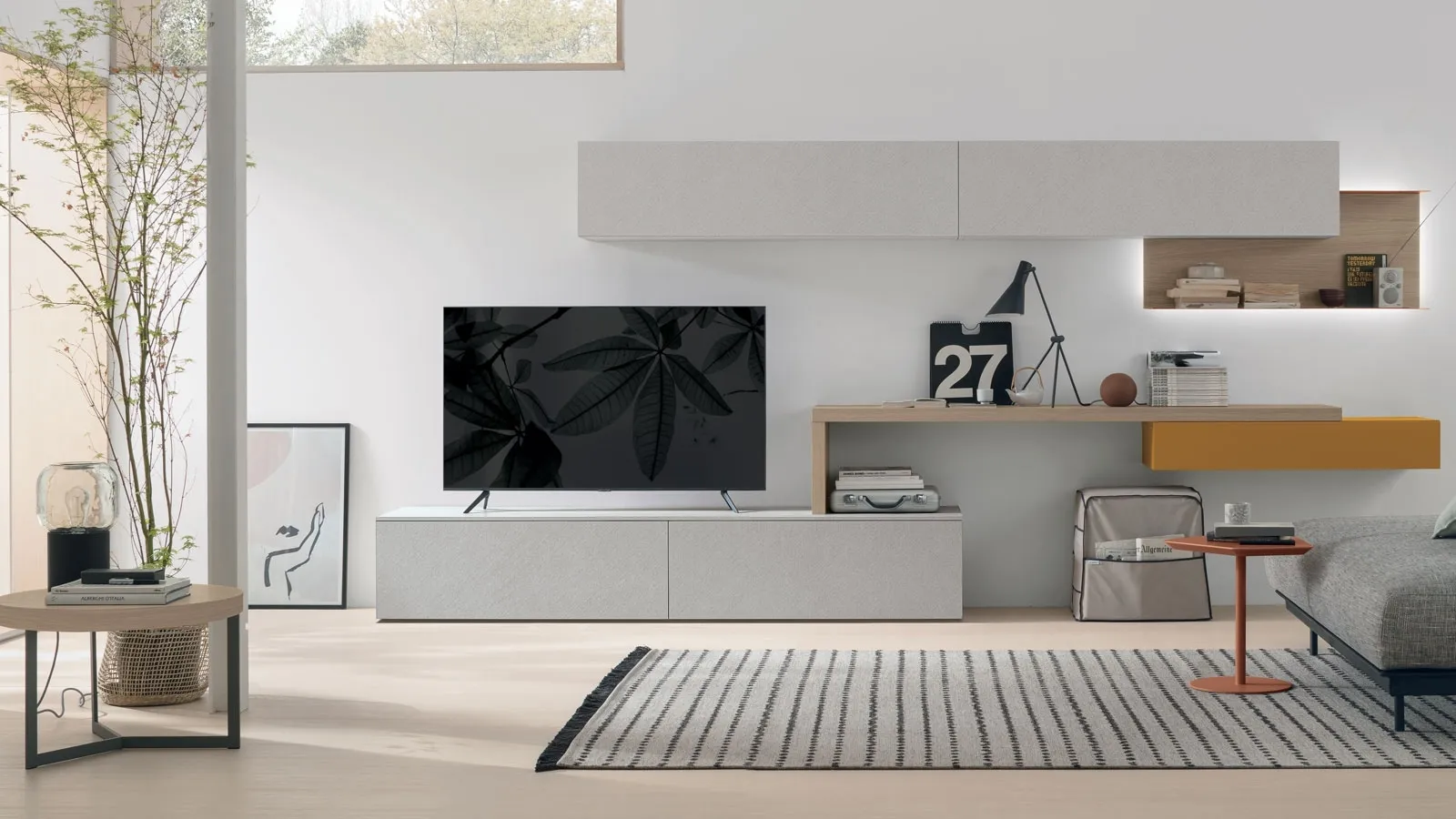 Atlas wall unit AT120 in canvas material and sand oak material by Tomasella.
