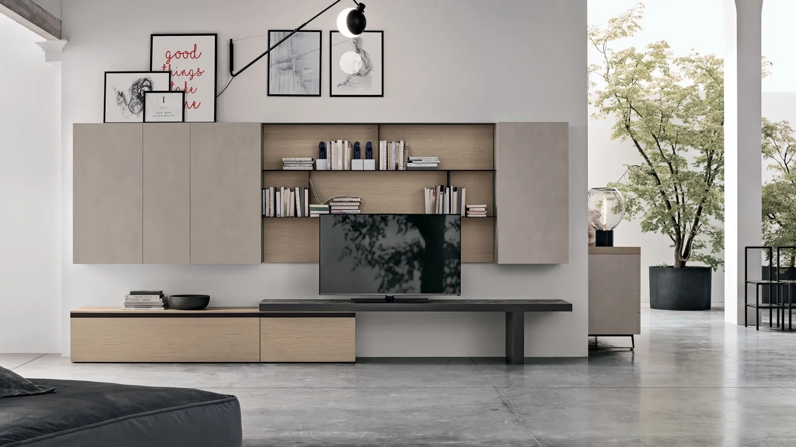 Atlante UNIT AT122 wall unit in anthracite matte material and sand oak matte material by Tomasella.