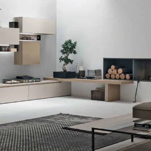 Wall unit Atlante UNIT AT125 in matt pearl material and sand oak wood by Tomasella.