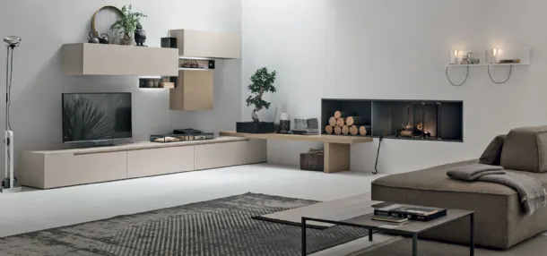 Wall unit Atlante UNIT AT125 in matt pearl material and sand oak wood by Tomasella.