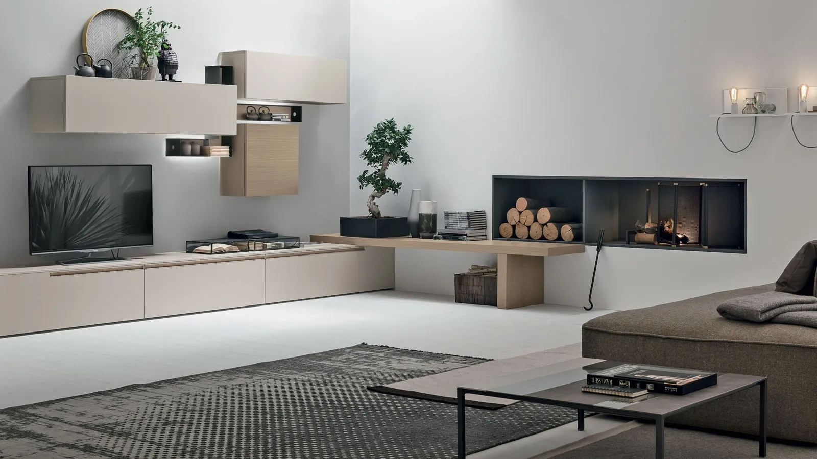 Wall unit Atlante UNIT AT125 in matt pearl material and sand oak wood by Tomasella.