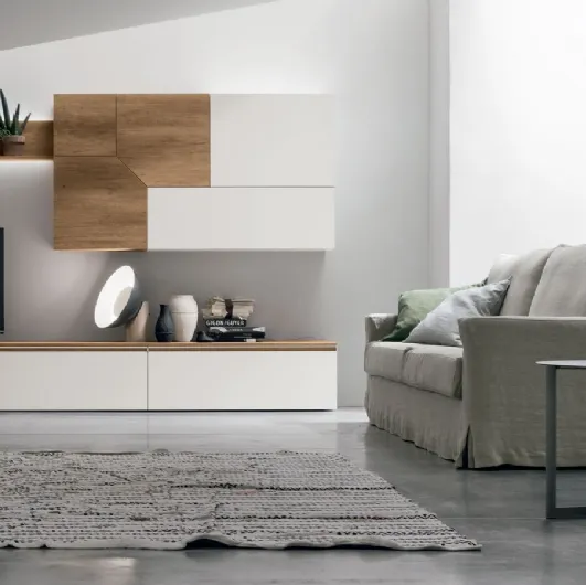 Tomasella's Atlante UNIT AT129 wall unit in light knotted material and matte chalk white material.