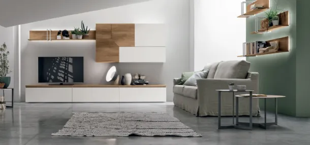 Tomasella's Atlante UNIT AT129 wall unit in light knotted material and matte chalk white material.