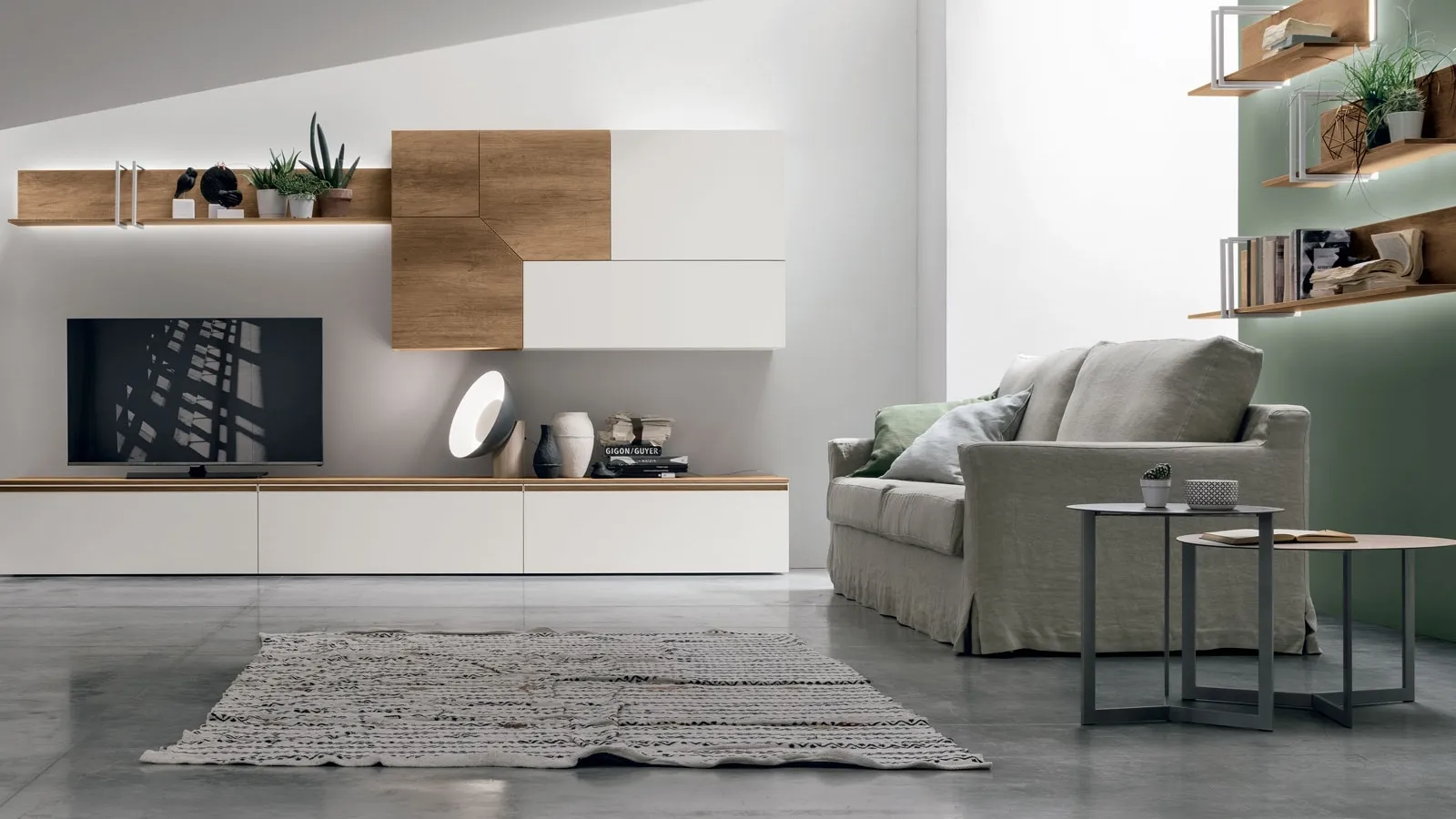 Tomasella's Atlante UNIT AT129 wall unit in light knotted material and matte chalk white material.