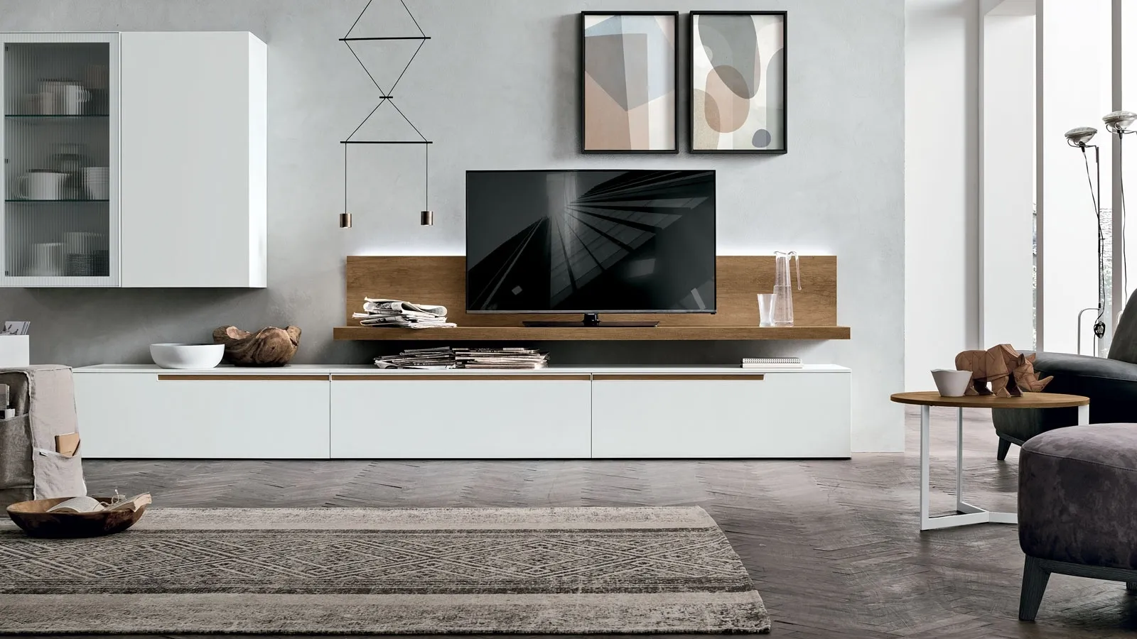 Atlante UNIT AT130 wall unit in matte white gypsum and light knotted textured finish by Tomasella.