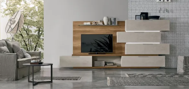 Atlas UNIT AT131 wall unit in light concrete texture and dark knotted texture by Tomasella