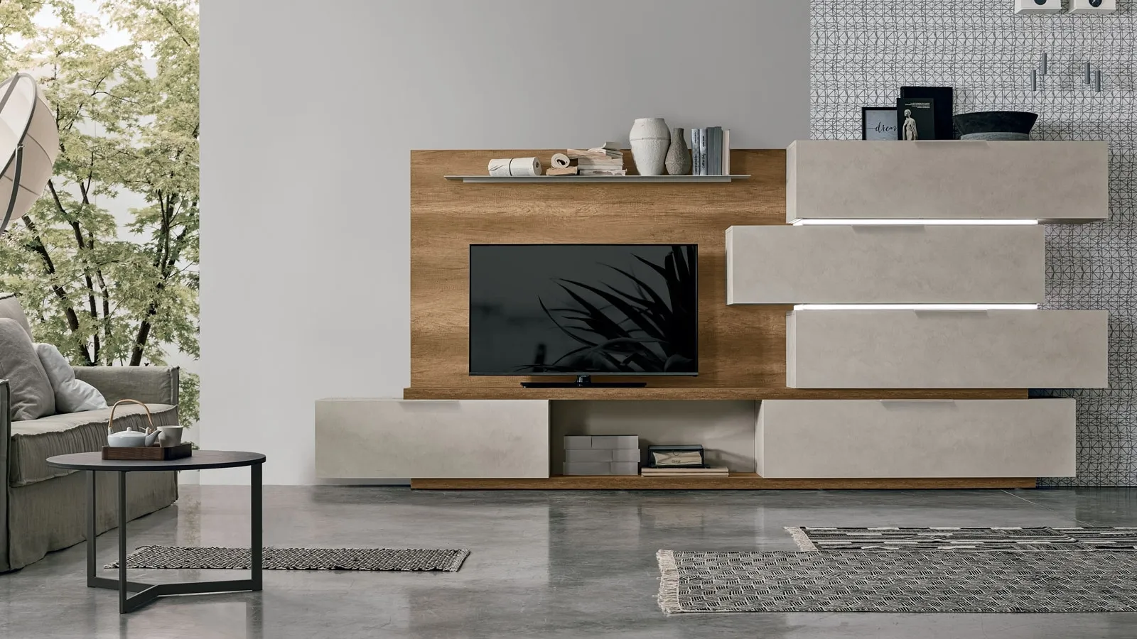 Atlas UNIT AT131 wall unit in light concrete texture and dark knotted texture by Tomasella
