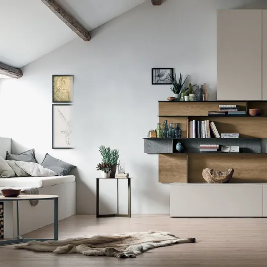 Wall unit Atlante UNIT AT132 in matte pearl and light knotted texture by Tomasella