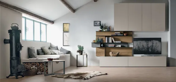 Wall unit Atlante UNIT AT132 in matte pearl and light knotted texture by Tomasella