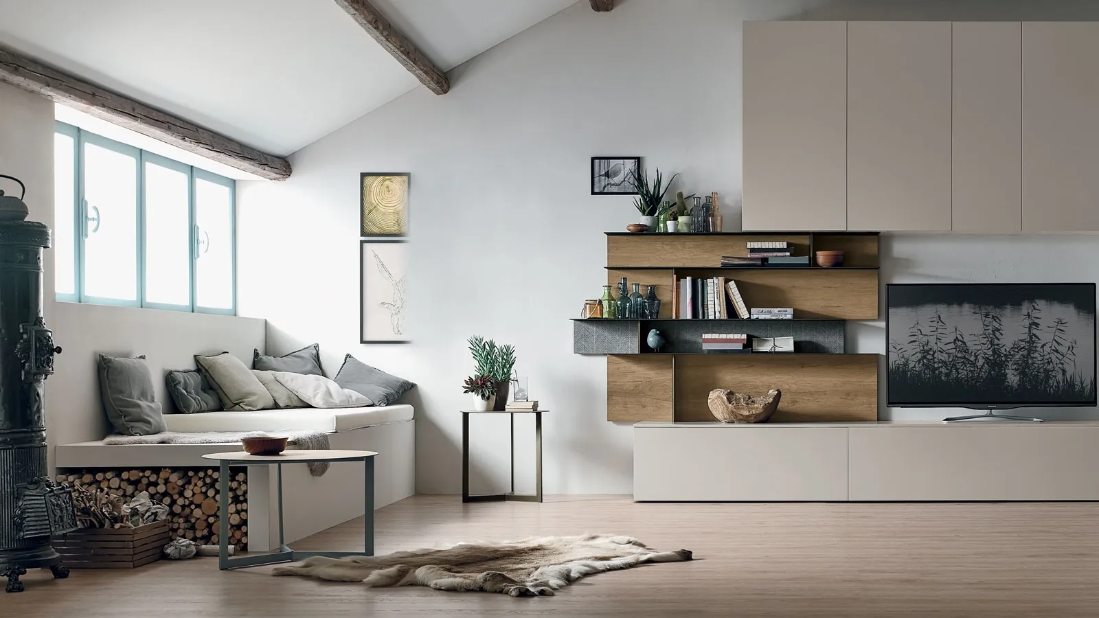 Wall unit Atlante UNIT AT132 in matte pearl and light knotted texture by Tomasella