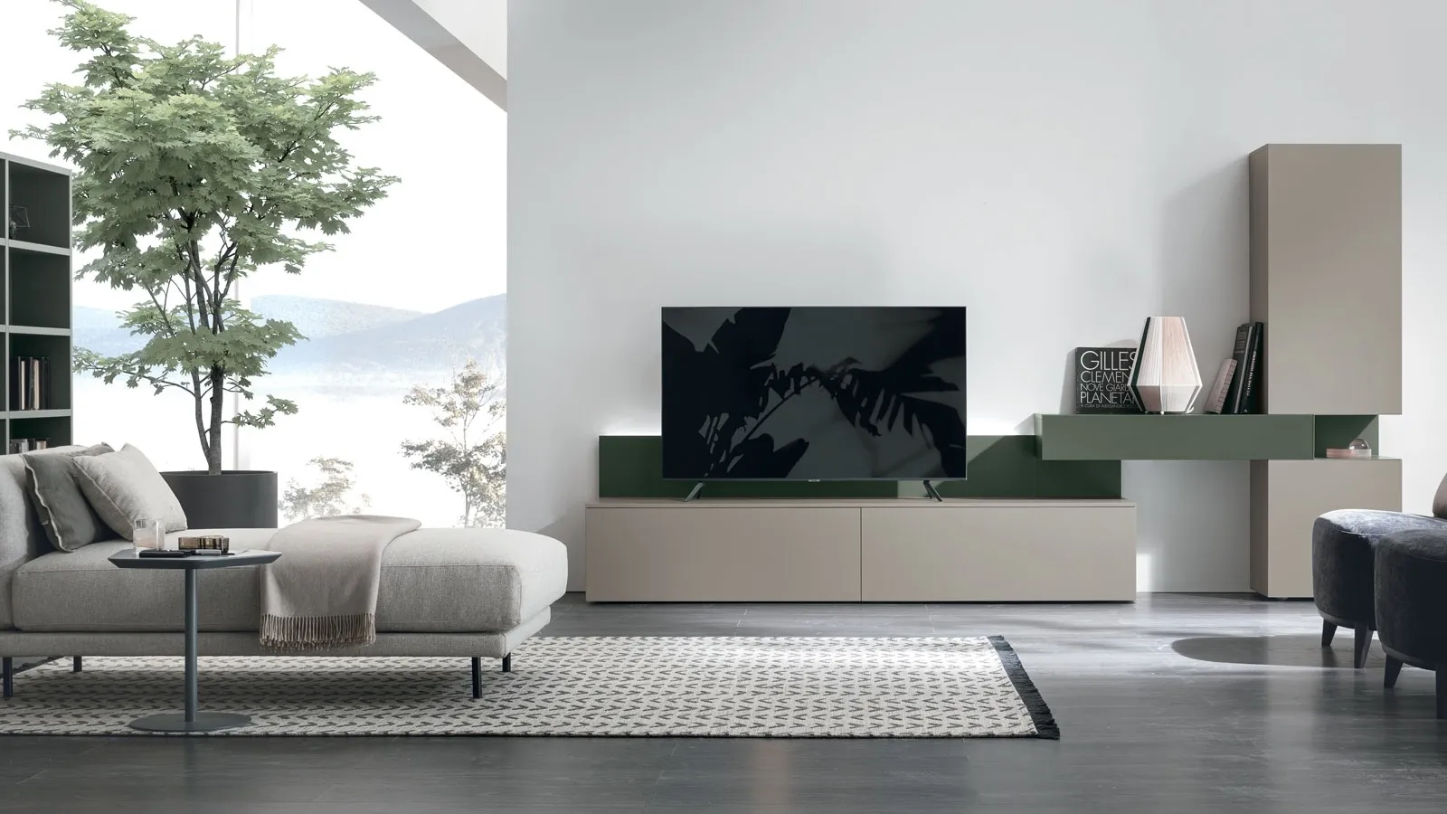 Atlante UNIT AT133 wall unit in matte arena material and matte forest lacquer by Tomasella
