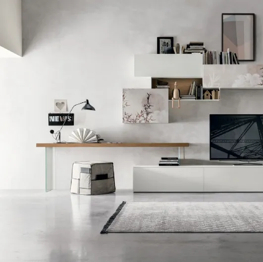 Wall unit Atlante UNIT AT138 in matte chalk white material and light knotted material by Tomasella
