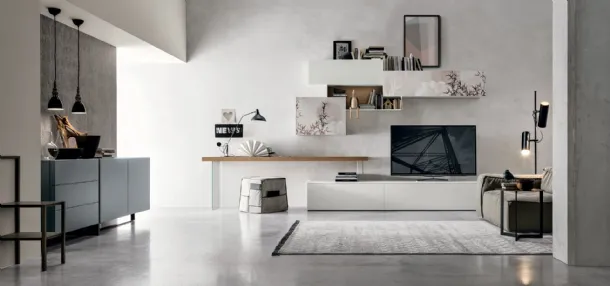Wall unit Atlante UNIT AT138 in matte chalk white material and light knotted material by Tomasella