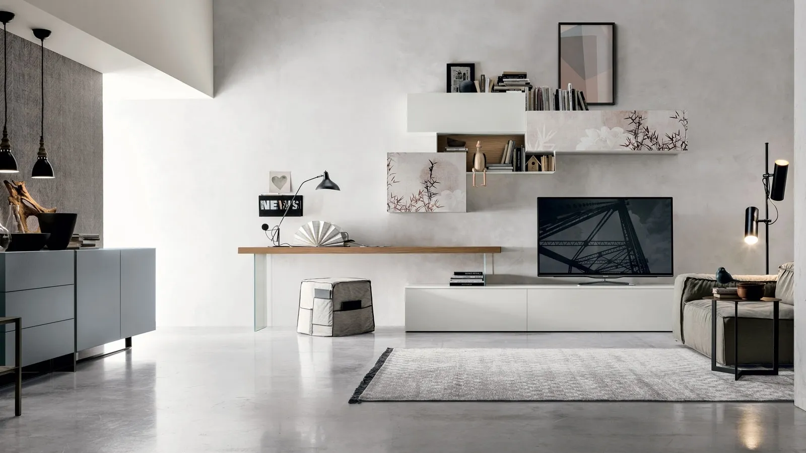 Wall unit Atlante UNIT AT138 in matte chalk white material and light knotted material by Tomasella