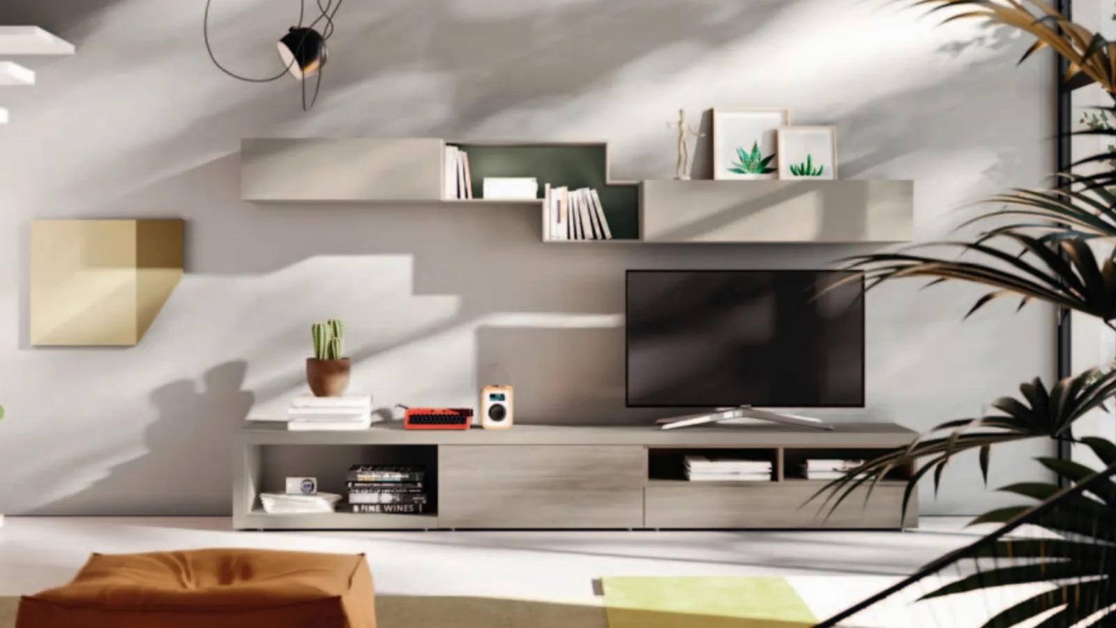 Modern wall unit with Day 10 shelves by Orme.