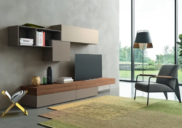 Lampo L6C06 wall unit in Walnut veneer and matte lacquer by Sangiacomo.