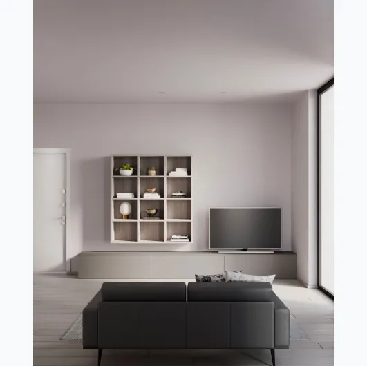 Living wall unit with suspended bookcase by Nardi Interni.