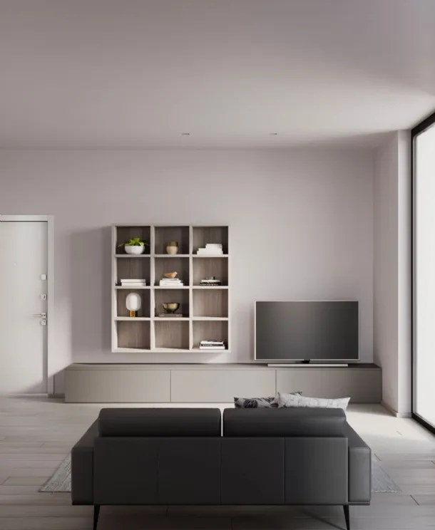 Living wall unit with suspended bookcase by Nardi Interni.