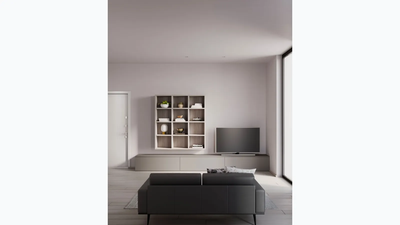 Living wall unit with suspended bookcase by Nardi Interni.
