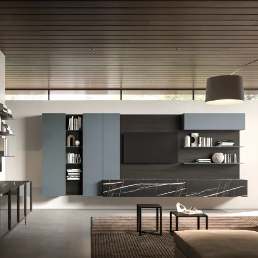Suspended wall unit Modulo Day 11 in lacquered and melamine marble by Orme.
