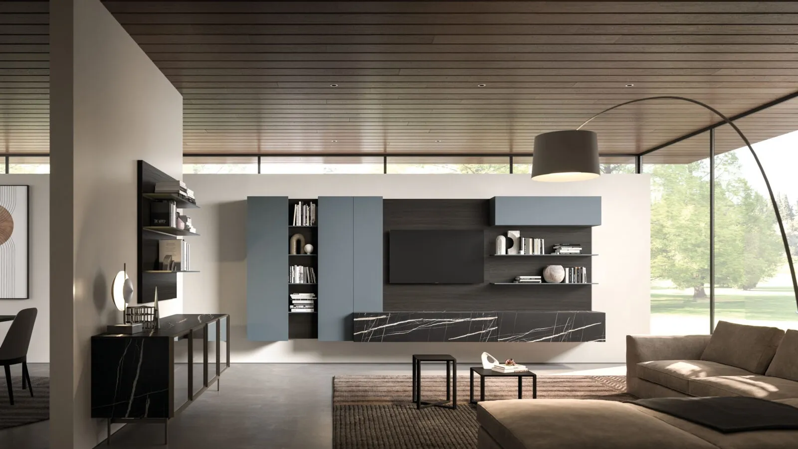 Suspended wall unit Modulo Day 11 in lacquered and melamine marble by Orme.