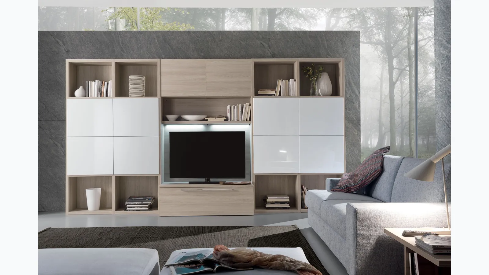 Shining Marilù wall unit with glossy white finish and light elm from S75.
