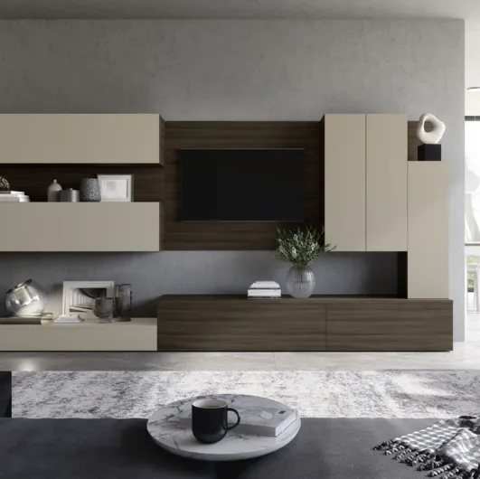 Equipped wall unit in Fenix laminate finish in dark elm and ottawa beaver Soft Futura 01 by S75.
