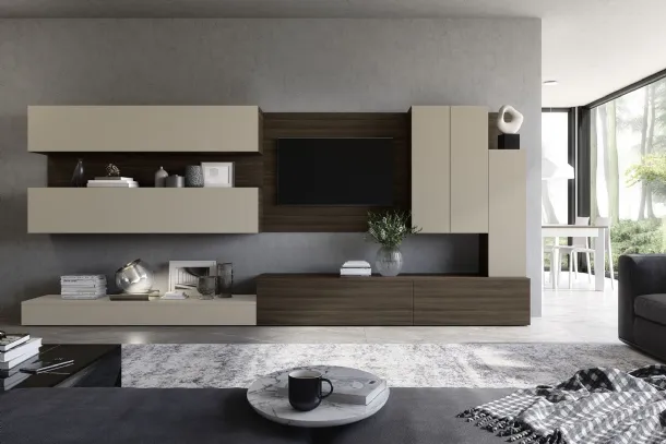 Equipped wall unit in Fenix laminate finish in dark elm and ottawa beaver Soft Futura 01 by S75.