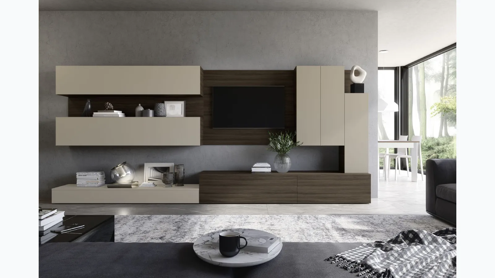 Equipped wall unit in Fenix laminate finish in dark elm and ottawa beaver Soft Futura 01 by S75.