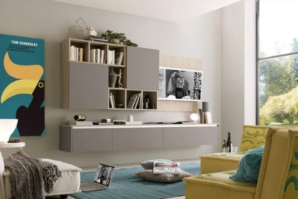Suspended Wall Unit in the finishes London grey and light elm Soft Futura 03 by S75.
