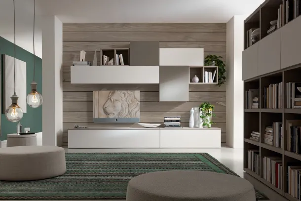 Wall unit in white malè and Soft Londra gray finish S75 Futura 04.