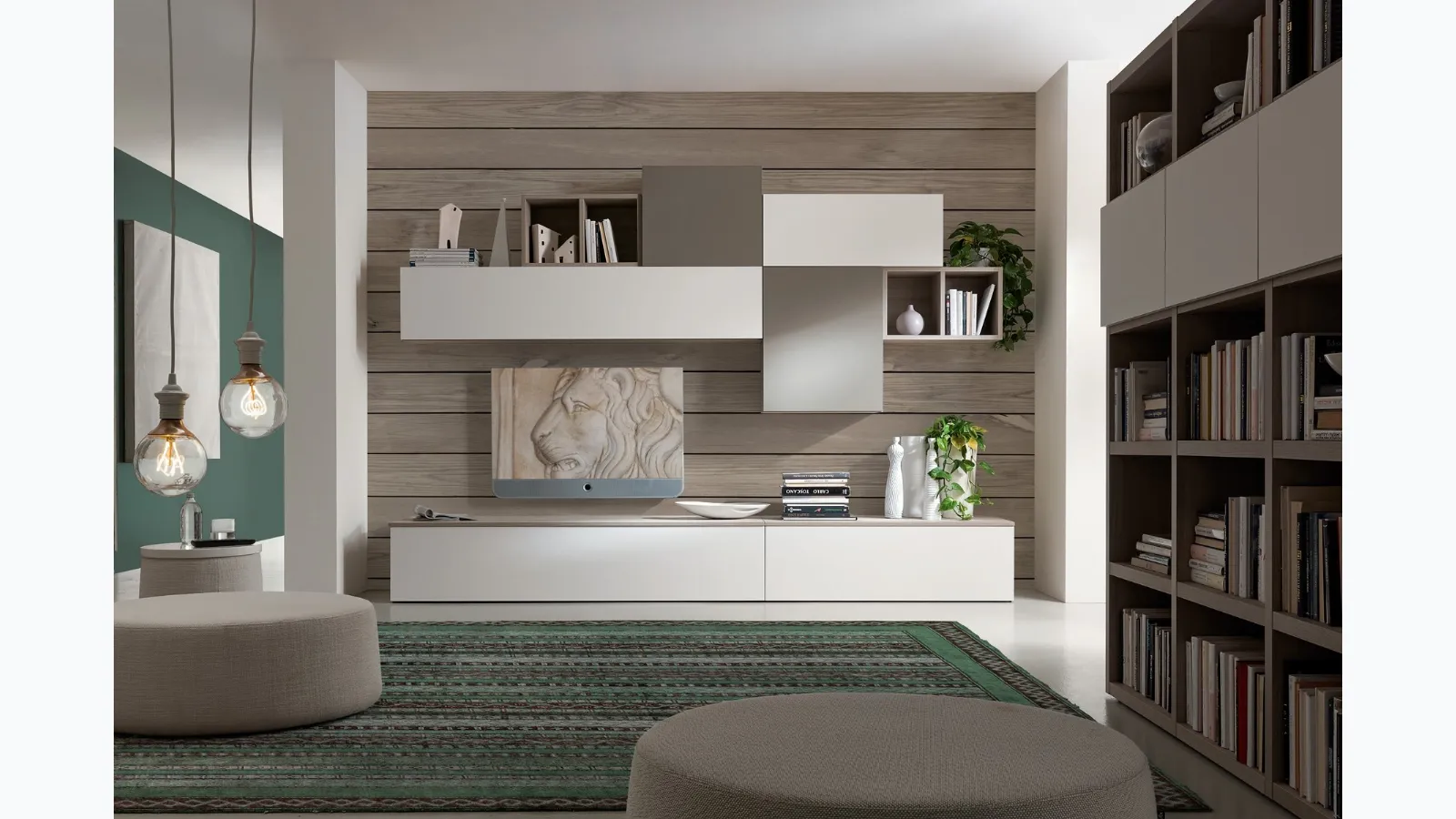 Wall unit in white malè and Soft Londra gray finish S75 Futura 04.