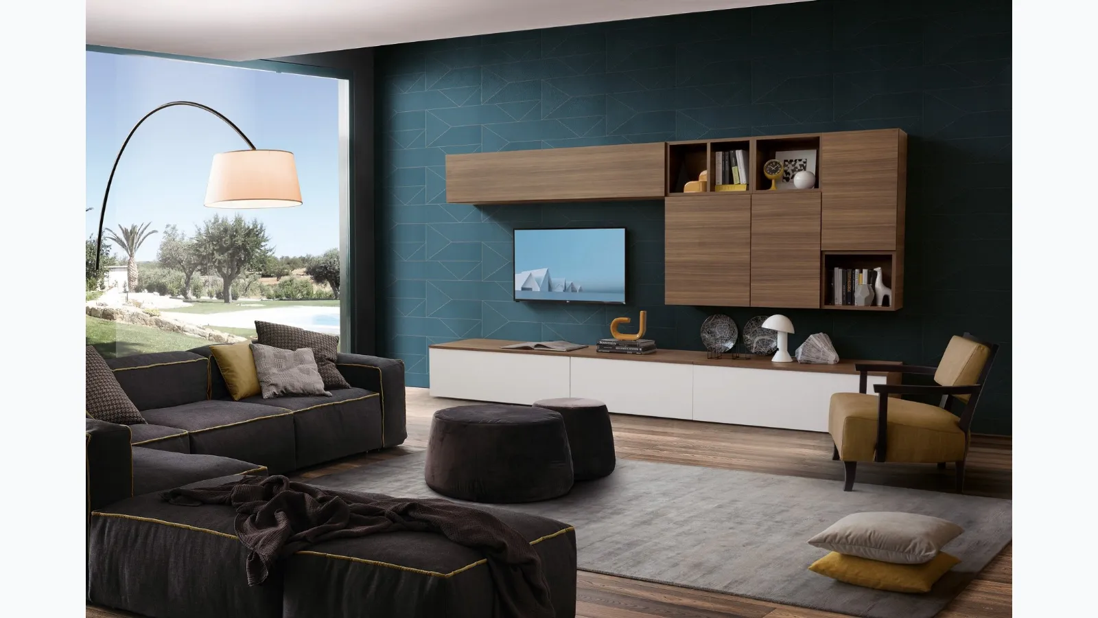 Wall unit in eucalyptus finishing and white lacquered Spot Chloè 01 by S75.