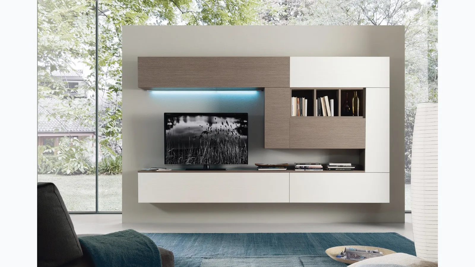 Wall mounted equipped Spot Cindy 01 in Ontario oak finish and white by S75.