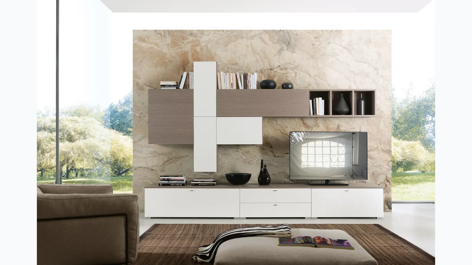Spot Cindy 02 equipped wall unit in oak ontario and white finish from S75.