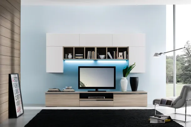 Wall unit with matte white finish and light elm Spot Irma 01 by S75.