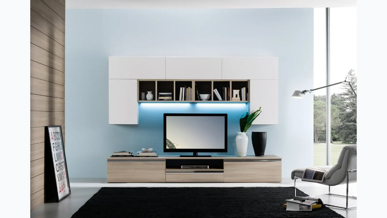 Wall unit with matte white finish and light elm Spot Irma 01 by S75.